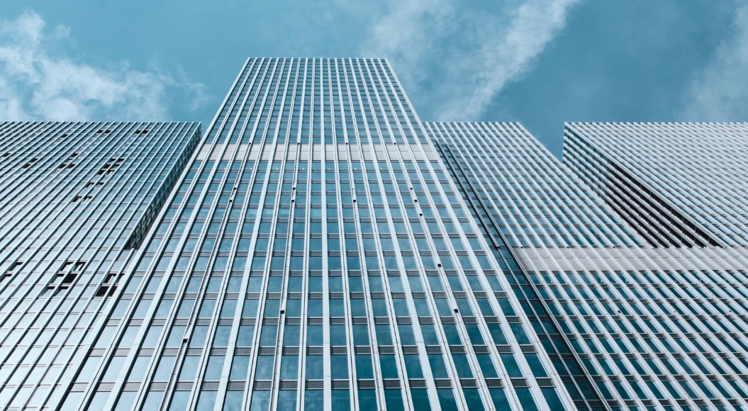 Modern architectural structure viewed from below